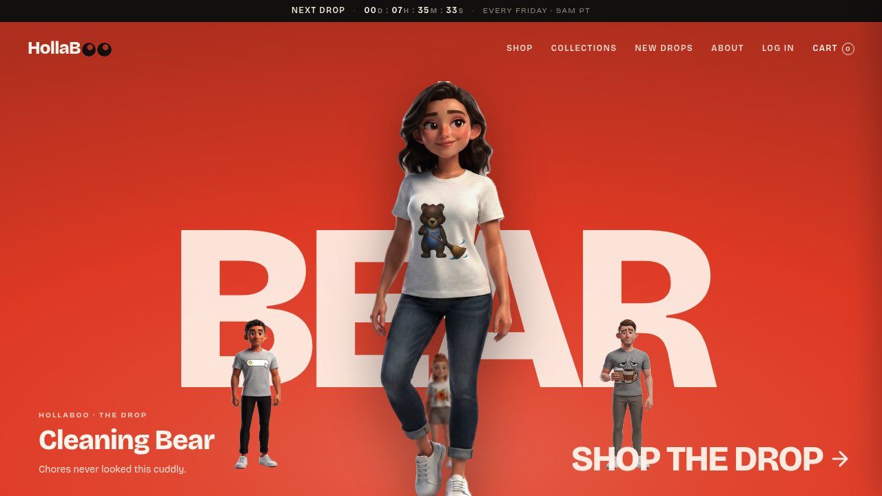 Hollaboo homepage featuring funny AI era apparel and graphic tees for tech professionals